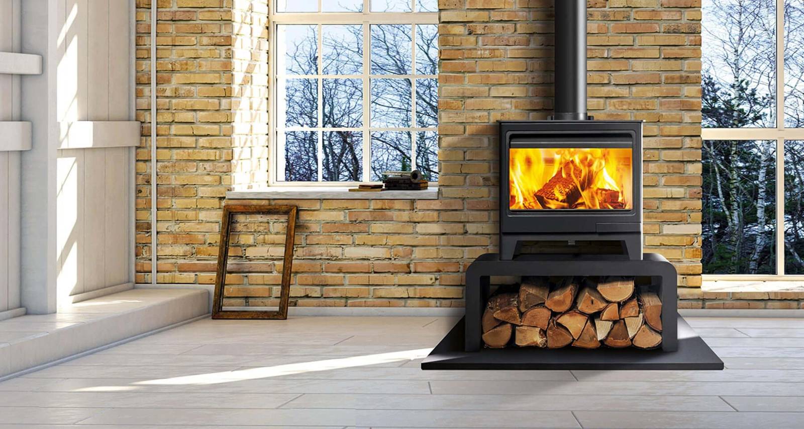 Wood-burning stove in a cozy living room